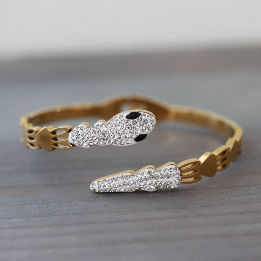 Snake with Rhinestones Bangle Bracelet 18k Gold Plated Stainless Steel